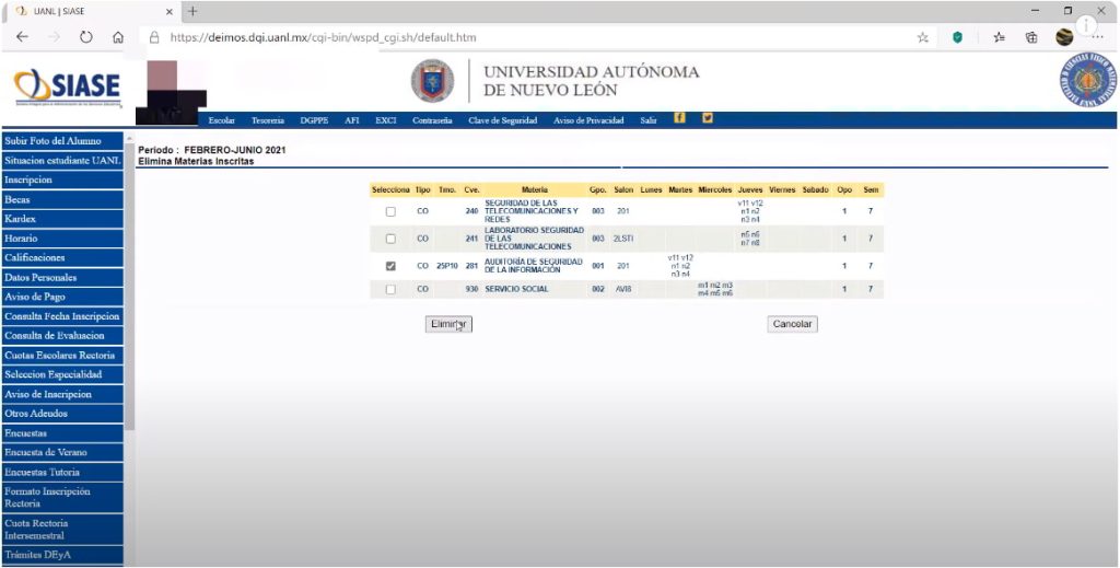 eliminar materia uanl siase
